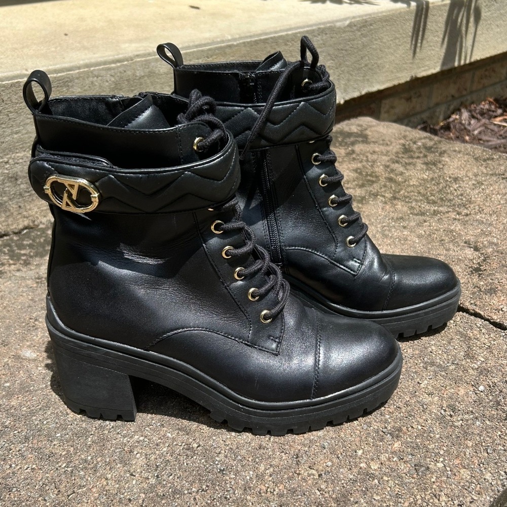 Aldo Edgy Black Leather Combat Boots Chunky Lug Sole Block Heel Buckle Size‎ 10